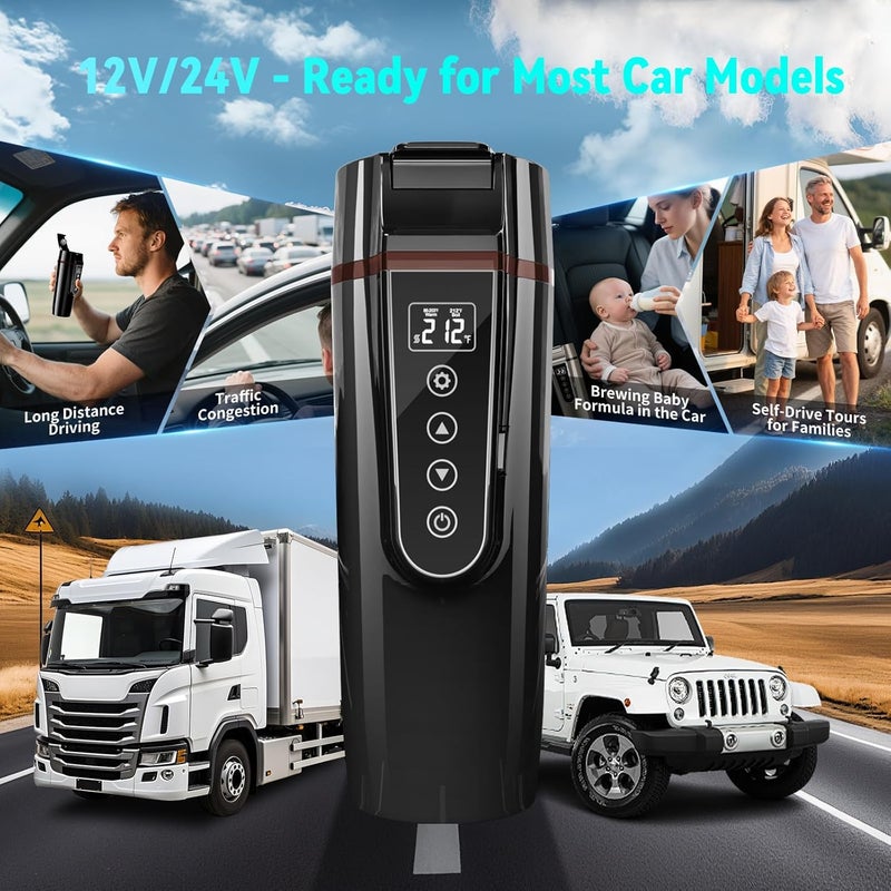 FVPE Car Electric Kettle for Travel : 12V/24V Small Electric Water Kettle, Multi-Temp Control 400 mL Portable Car Water Boiler for Brewing Coffee Tea,LCD Display 304 Stainless Steel Truck Heating Cup - Image 5